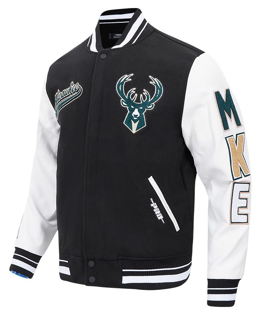 Pro Standard Men's Milwaukee Bucks Black Script Tail Rib Wool Varsity Jacket product image