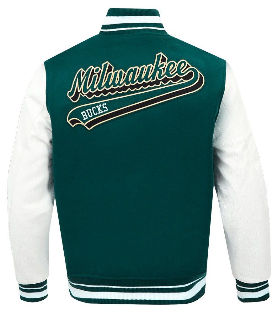 Pro Standard Men's Milwaukee Bucks Green Script Tail Rib Wool Varsity Jacket product image