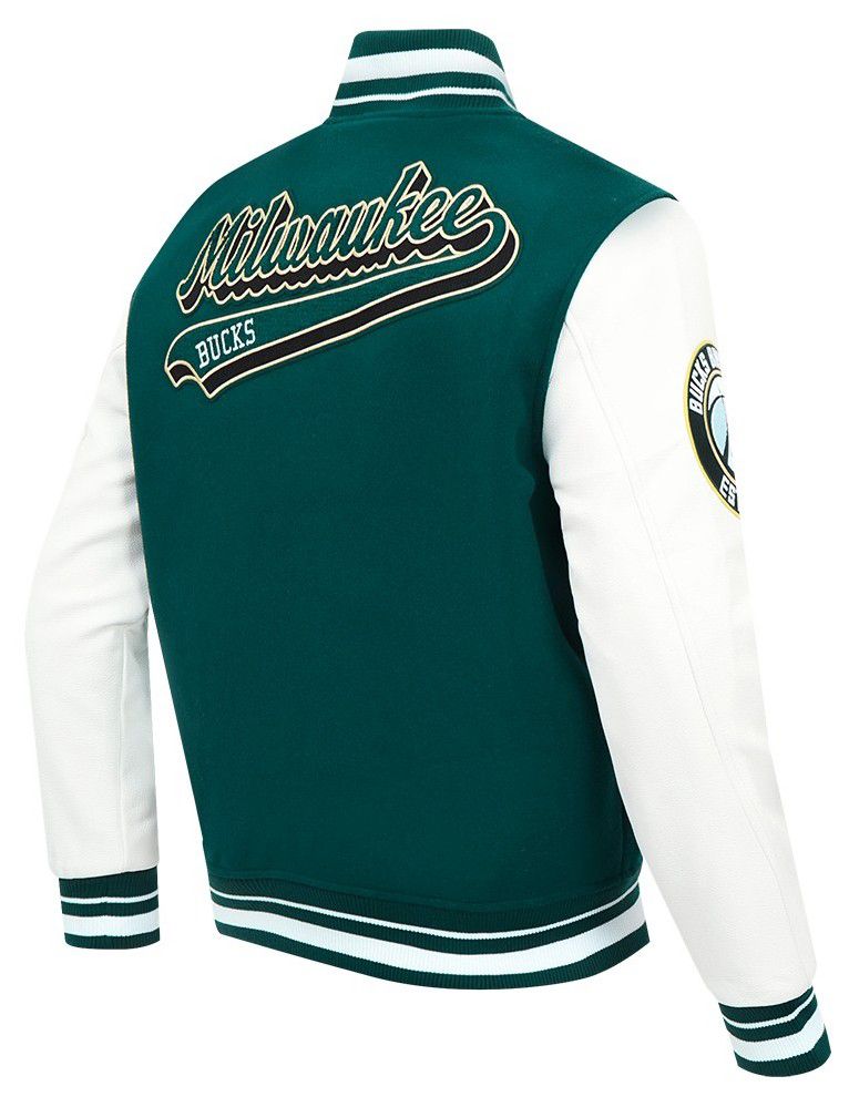 Pro Standard Men's Milwaukee Bucks Green Script Tail Rib Wool Varsity Jacket product image