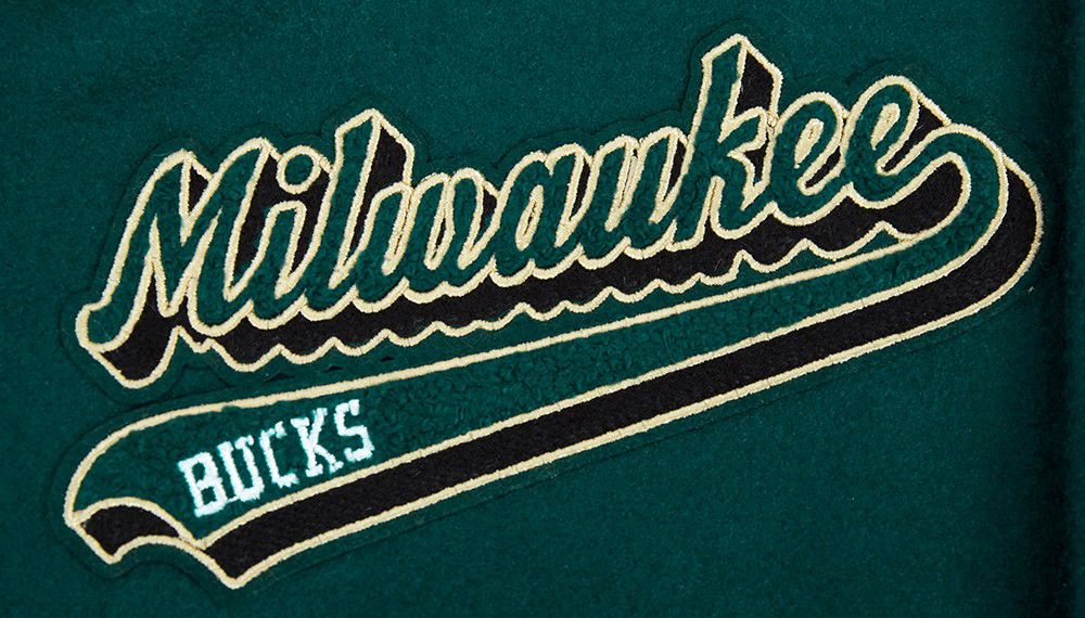 Pro Standard Men's Milwaukee Bucks Green Script Tail Rib Wool Varsity Jacket product image