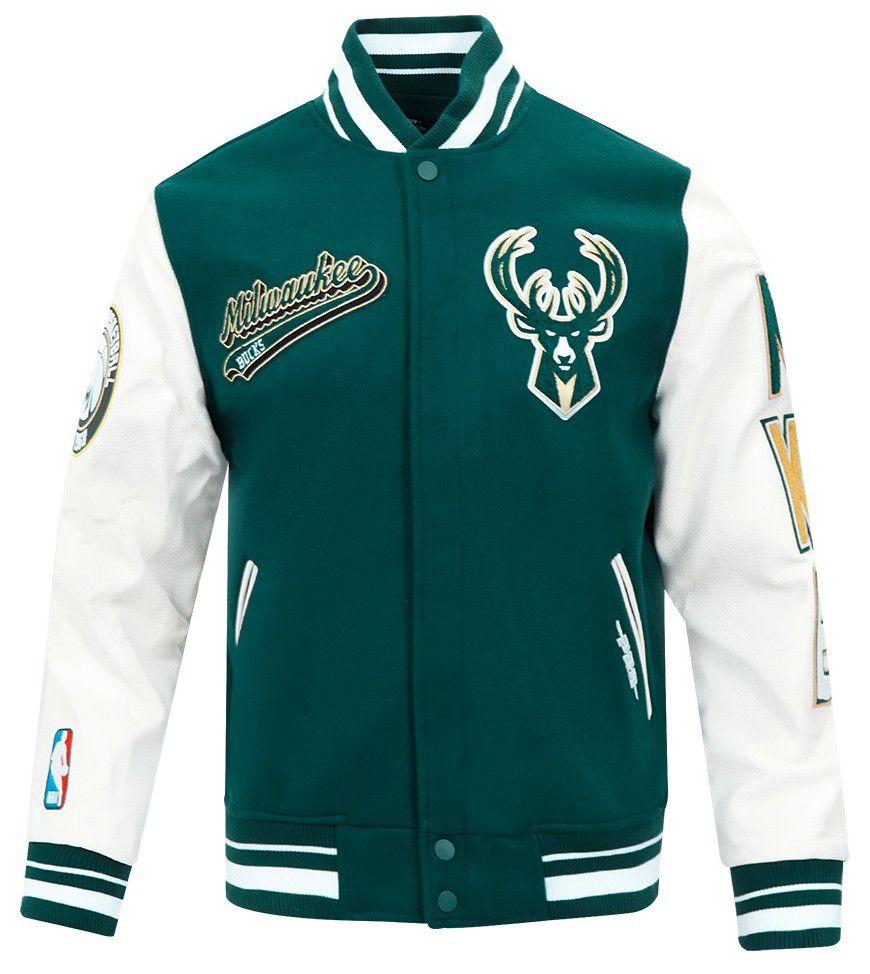 Pro Standard Men's Milwaukee Bucks Green Script Tail Rib Wool Varsity Jacket product image