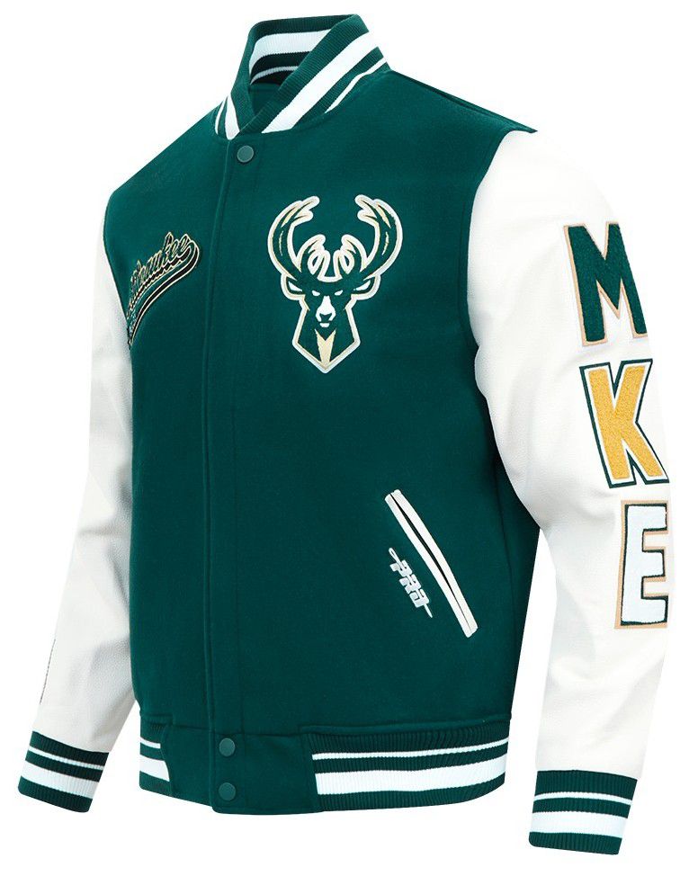 Pro Standard Men's Milwaukee Bucks Green Script Tail Rib Wool Varsity Jacket product image