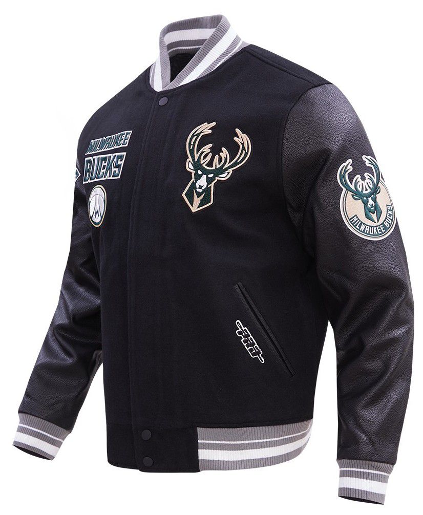 Pro Standard Men's Milwaukee Bucks Black Retro Classic Rib Wool Varsity Jacket product image
