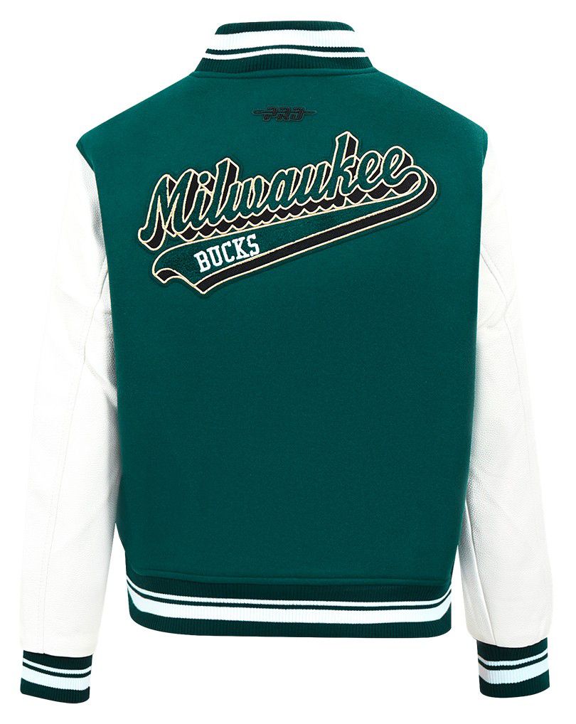 Pro Standard Women's Milwaukee Bucks Green Script Tail Wool Varsity Jacket product image