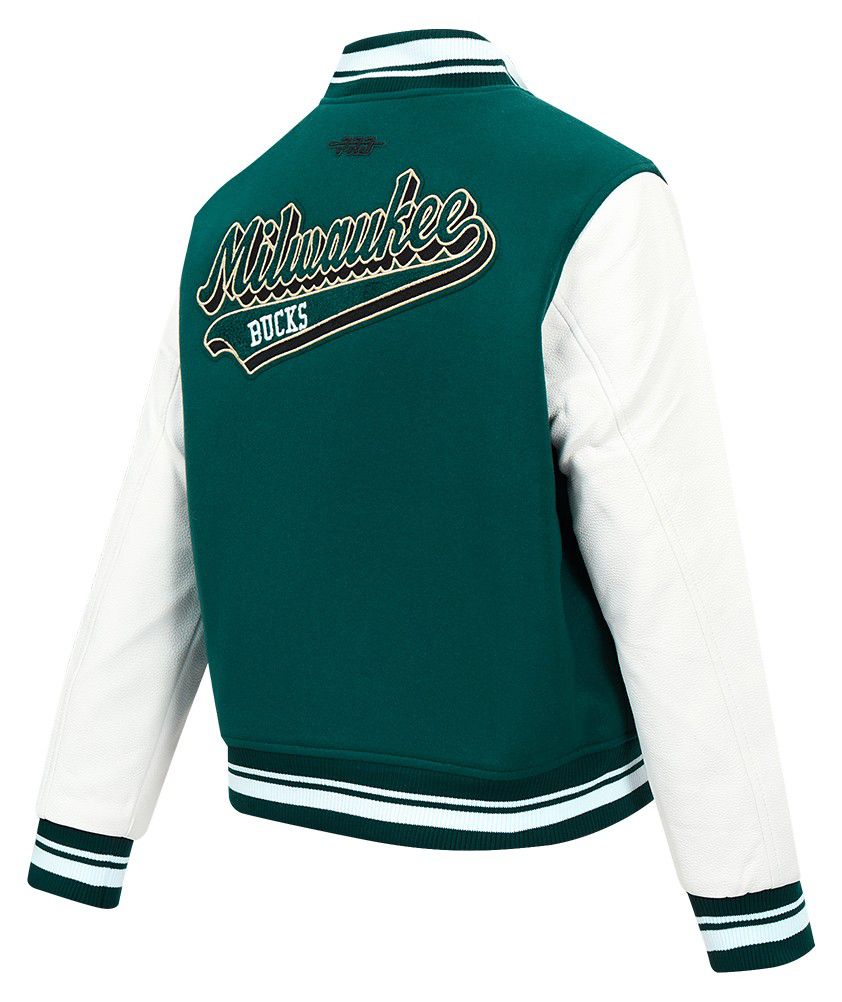 Pro Standard Women's Milwaukee Bucks Green Script Tail Wool Varsity Jacket product image