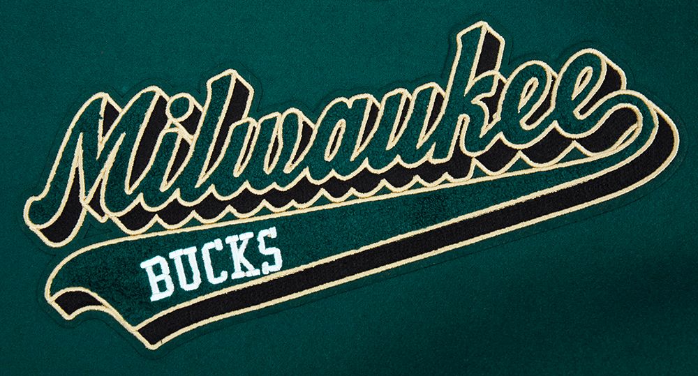 Pro Standard Women's Milwaukee Bucks Green Script Tail Wool Varsity Jacket product image