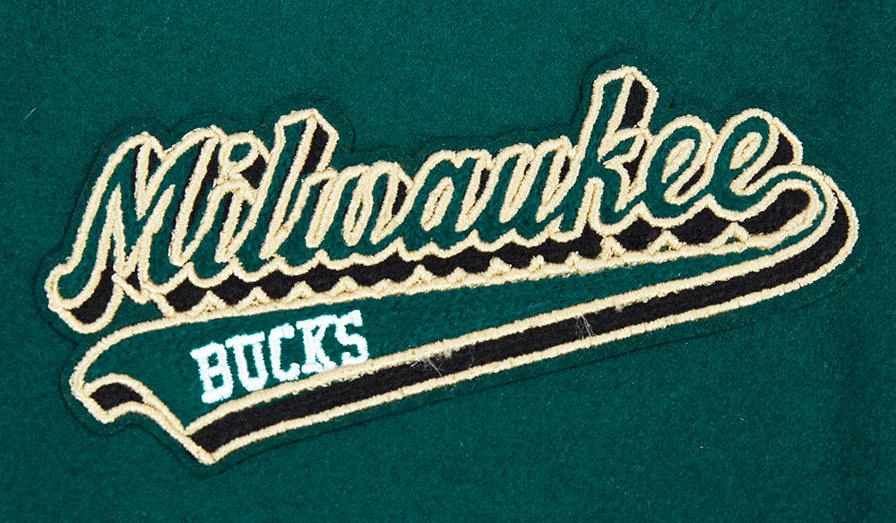 Pro Standard Women's Milwaukee Bucks Green Script Tail Wool Varsity Jacket product image
