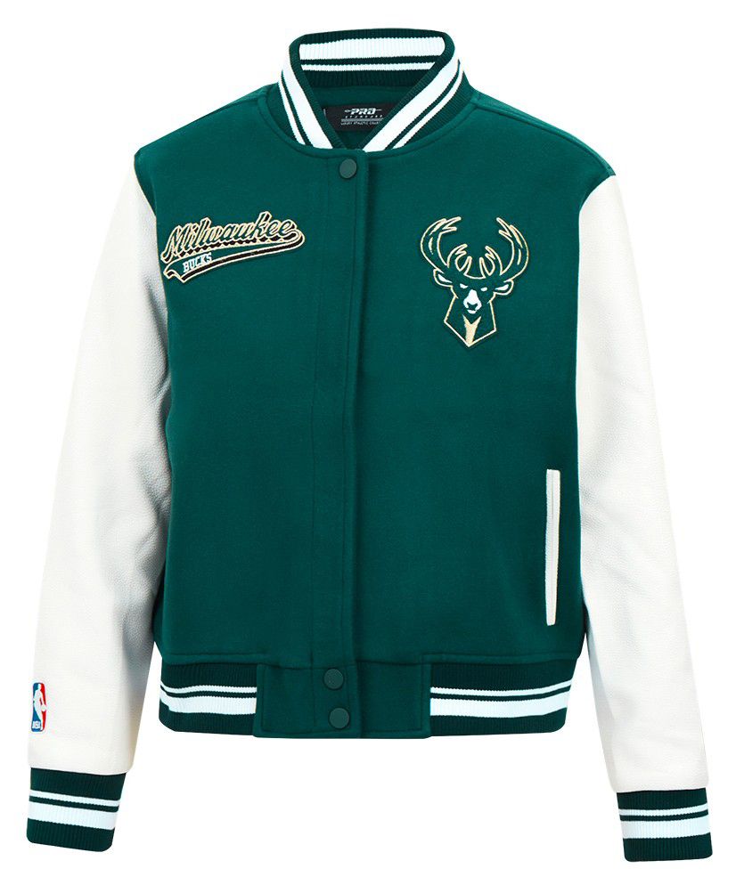 Pro Standard Women's Milwaukee Bucks Green Script Tail Wool Varsity Jacket product image