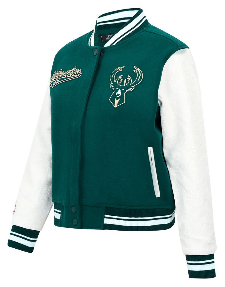 Pro Standard Women's Milwaukee Bucks Green Script Tail Wool Varsity Jacket product image