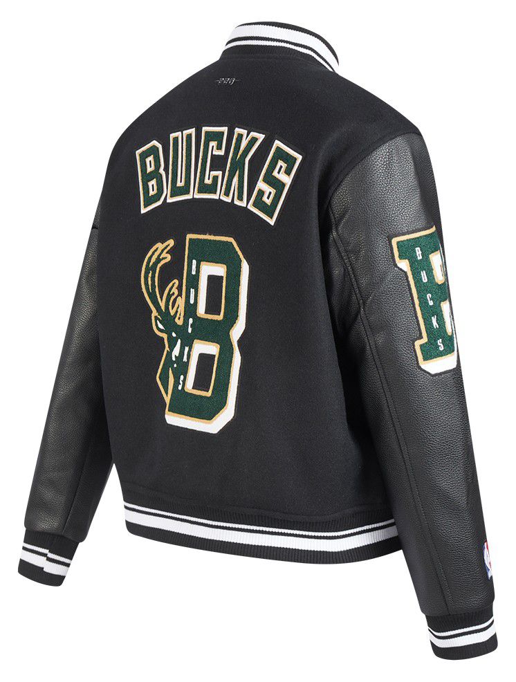 Pro Standard Women's Milwaukee Bucks Black Mash Up Rib Wool Varsity Jacket product image