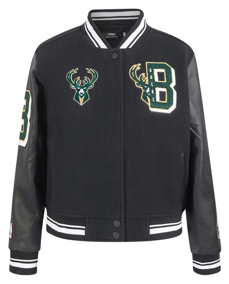 Pro Standard Women's Milwaukee Bucks Black Mash Up Rib Wool Varsity Jacket product image