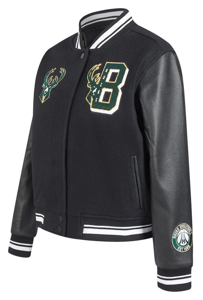 Pro Standard Women's Milwaukee Bucks Black Mash Up Rib Wool Varsity Jacket product image
