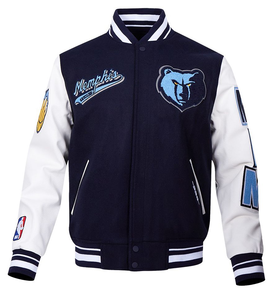 Pro Standard Men's Memphis Grizzlies Navy Script Tail Rib Wool Varsity Jacket product image