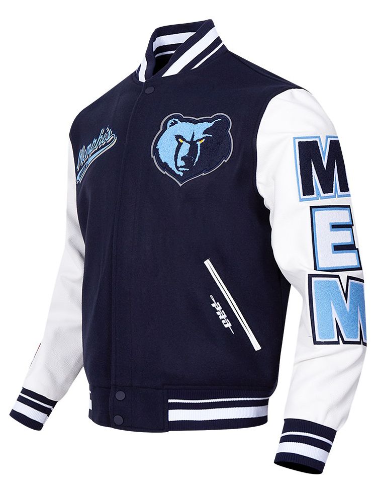 Pro Standard Men's Memphis Grizzlies Navy Script Tail Rib Wool Varsity Jacket product image