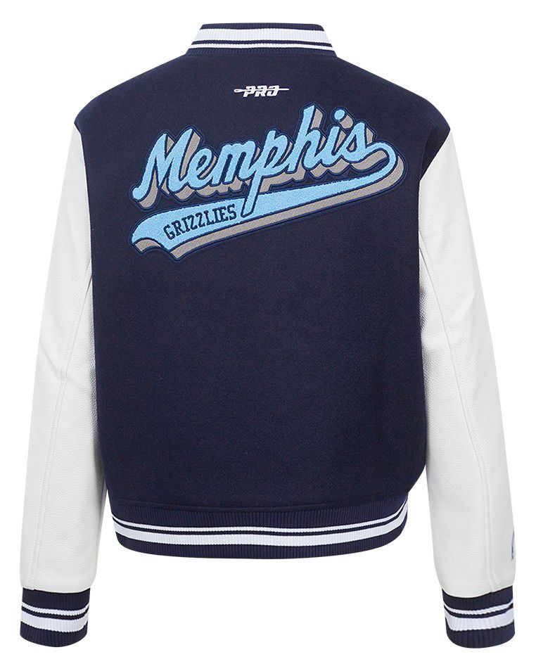 Pro Standard Women's Memphis Grizzlies Navy Script Tail Wool Varsity Jacket product image
