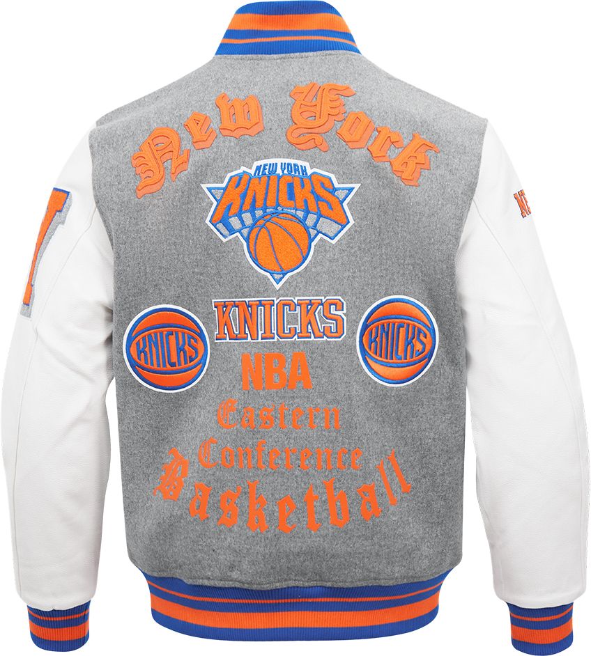 Pro Standard Men's New York Knicks Grey Old English Ribbed Wool Varsity Jacket product image
