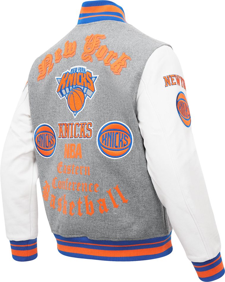 Pro Standard Men's New York Knicks Grey Old English Ribbed Wool Varsity Jacket product image
