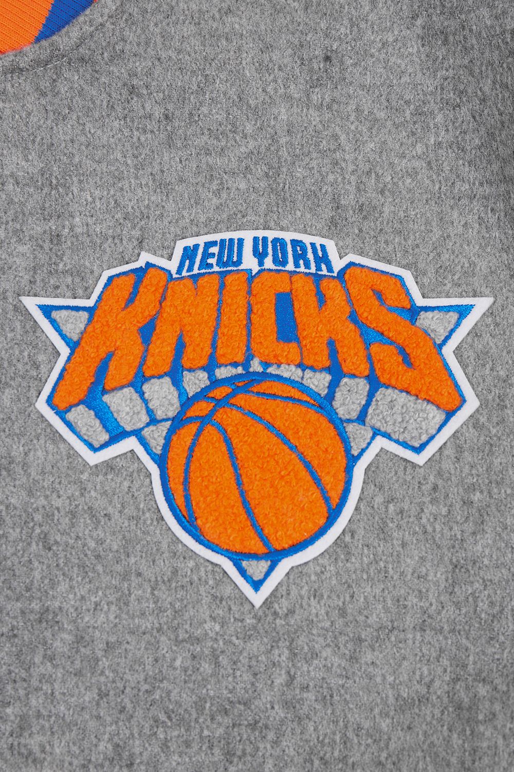 Pro Standard Men's New York Knicks Grey Old English Ribbed Wool Varsity Jacket product image