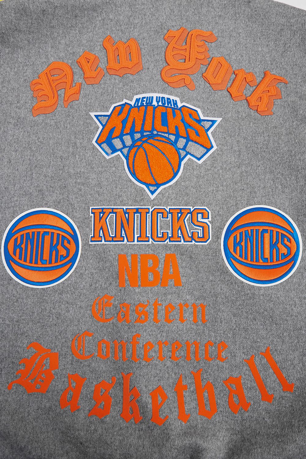 Pro Standard Men's New York Knicks Grey Old English Ribbed Wool Varsity Jacket product image
