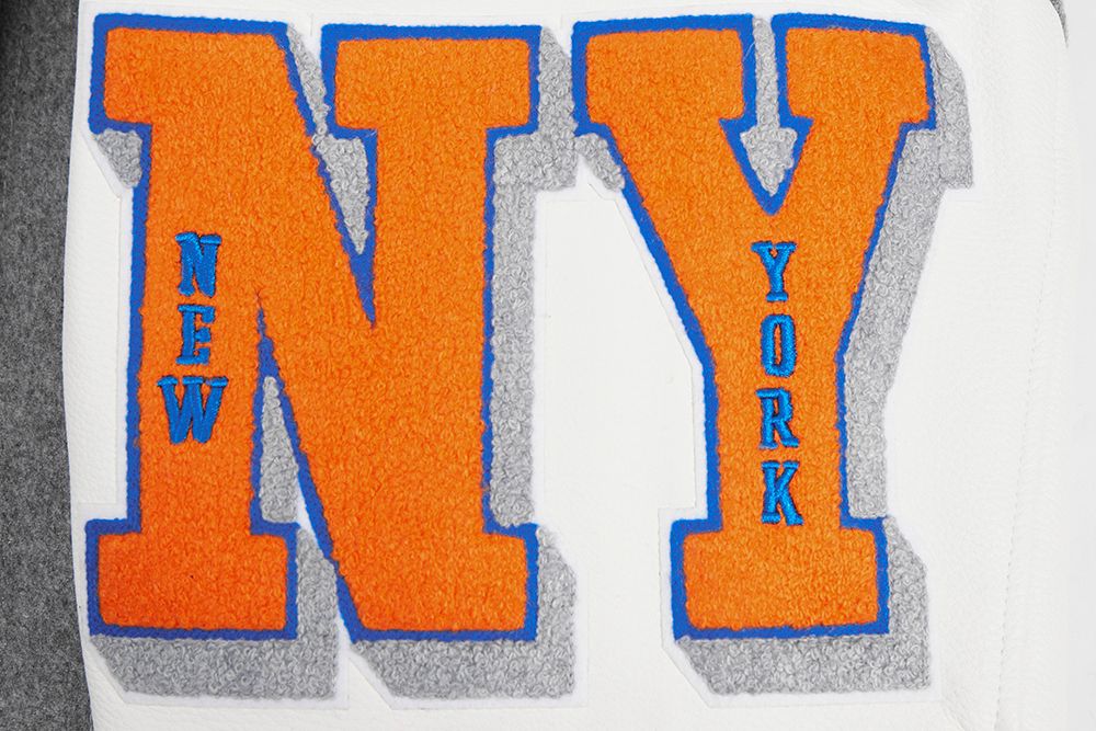 Pro Standard Men's New York Knicks Grey Old English Ribbed Wool Varsity Jacket product image