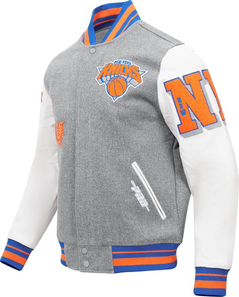 Pro Standard Men's New York Knicks Grey Old English Ribbed Wool Varsity Jacket product image