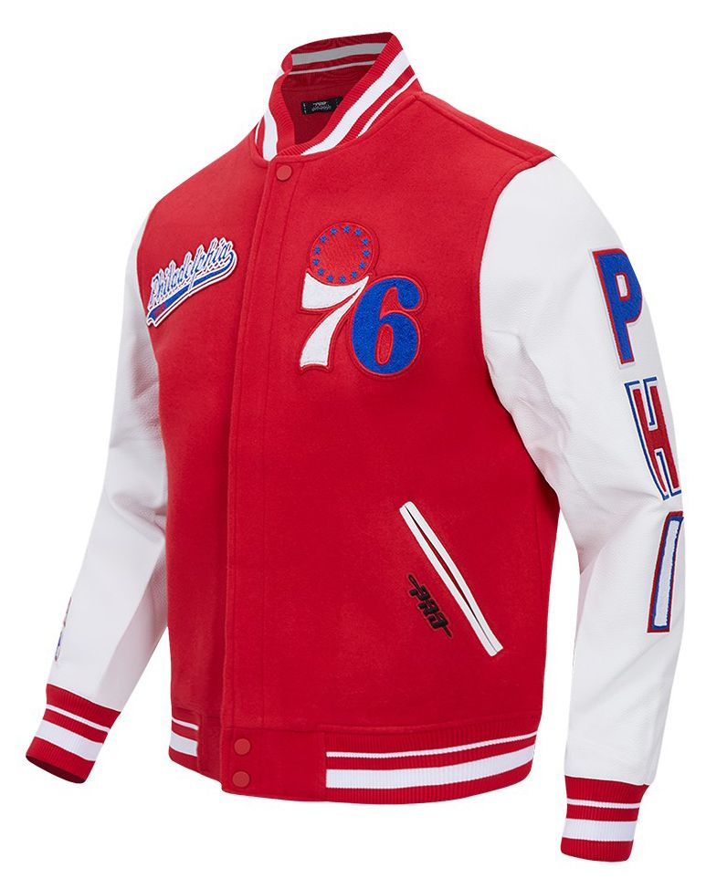 Pro Standard Men's Philadelphia 76ers Red Script Tail Rib Wool Varsity Jacket product image