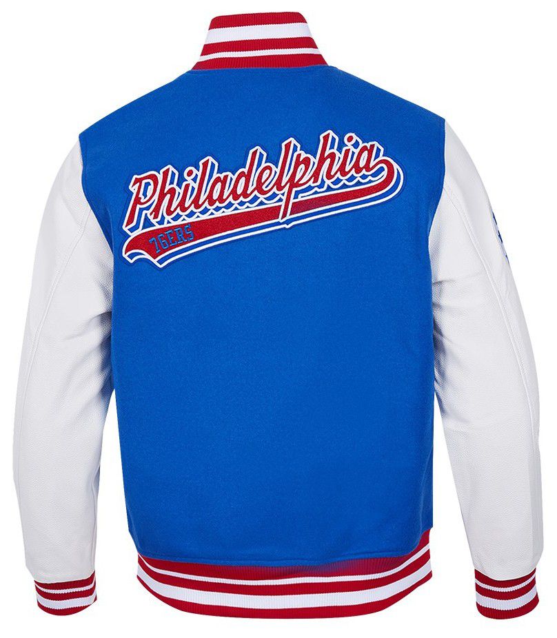 Pro Standard Men's Philadelphia 76ers Royal Script Tail Rib Wool Varsity Jacket product image