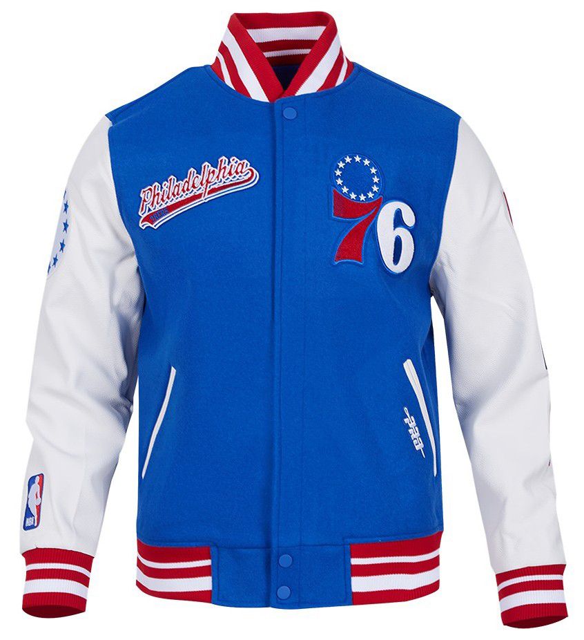 Pro Standard Men's Philadelphia 76ers Royal Script Tail Rib Wool Varsity Jacket product image