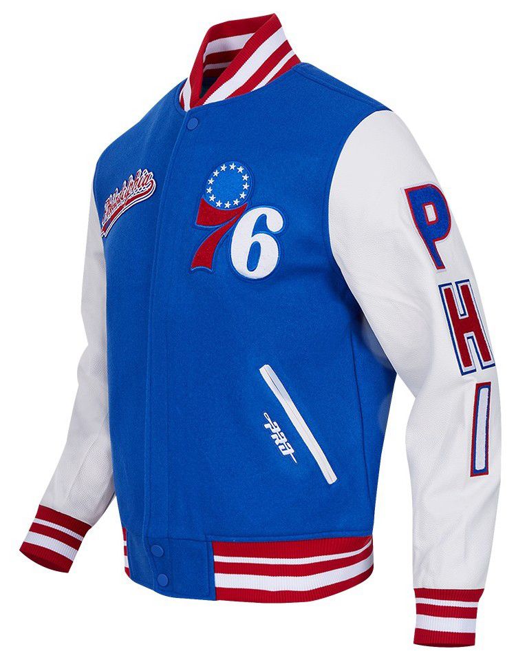 Pro Standard Men's Philadelphia 76ers Royal Script Tail Rib Wool Varsity Jacket product image