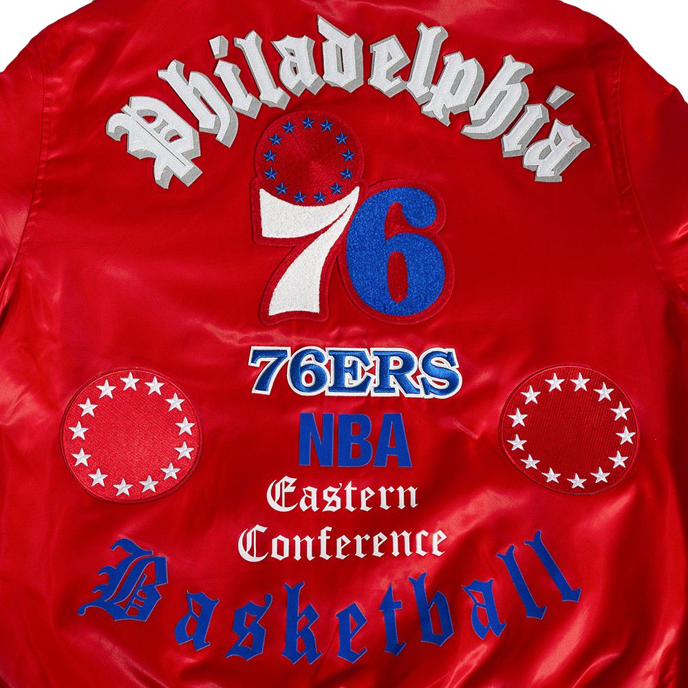 Pro Standard Men's Philadelphia 76ers Red Old English Rib Satin Jacket product image