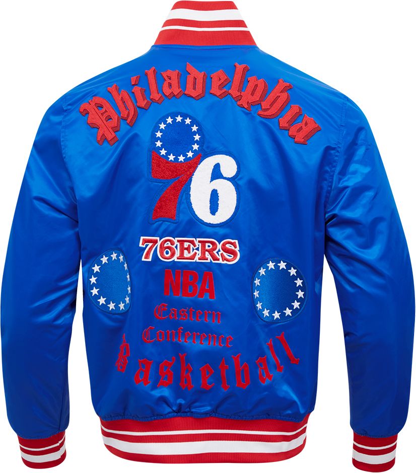 Pro Standard Men's Philadelphia 76ers Royal Old English Ribbed Satin Jacket product image