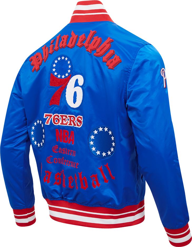 Pro Standard Men's Philadelphia 76ers Royal Old English Ribbed Satin Jacket product image
