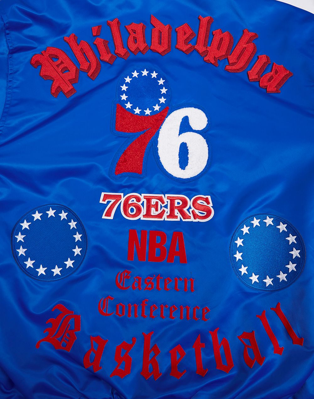 Pro Standard Men's Philadelphia 76ers Royal Old English Ribbed Satin Jacket product image