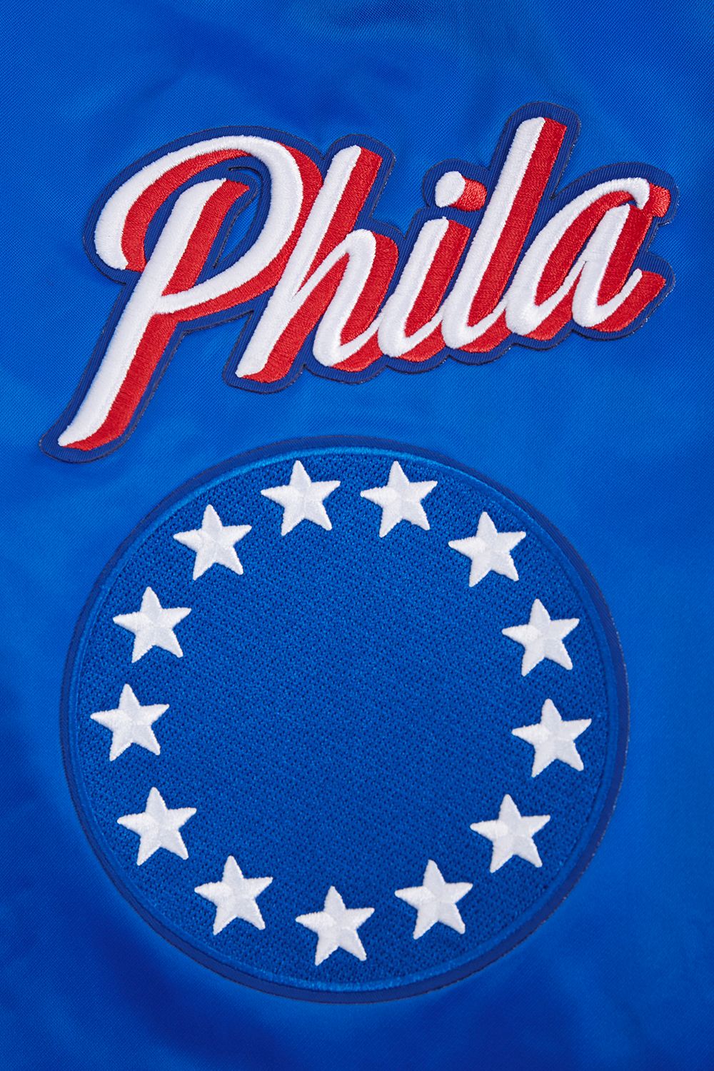 Pro Standard Men's Philadelphia 76ers Royal Old English Ribbed Satin Jacket product image