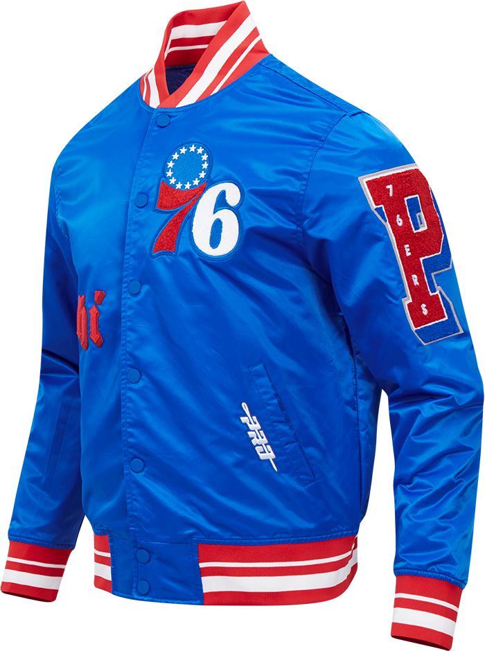 Pro Standard Men's Philadelphia 76ers Royal Old English Ribbed Satin Jacket product image