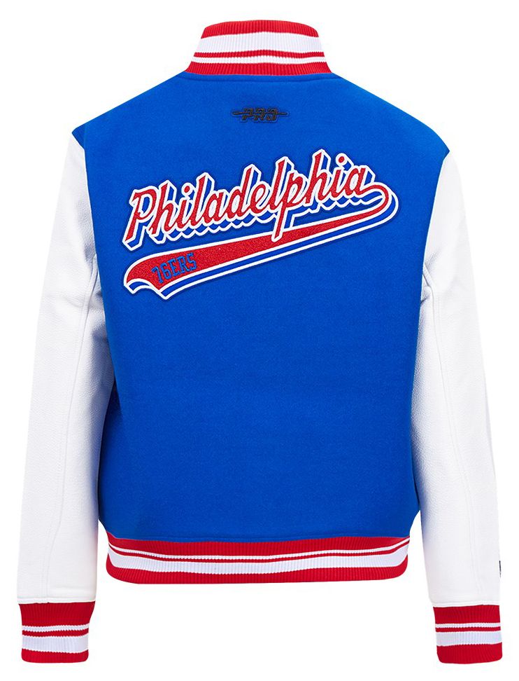 Pro Standard Women's Philadelphia 76ers Blue Script Tail Wool Varsity Jacket product image