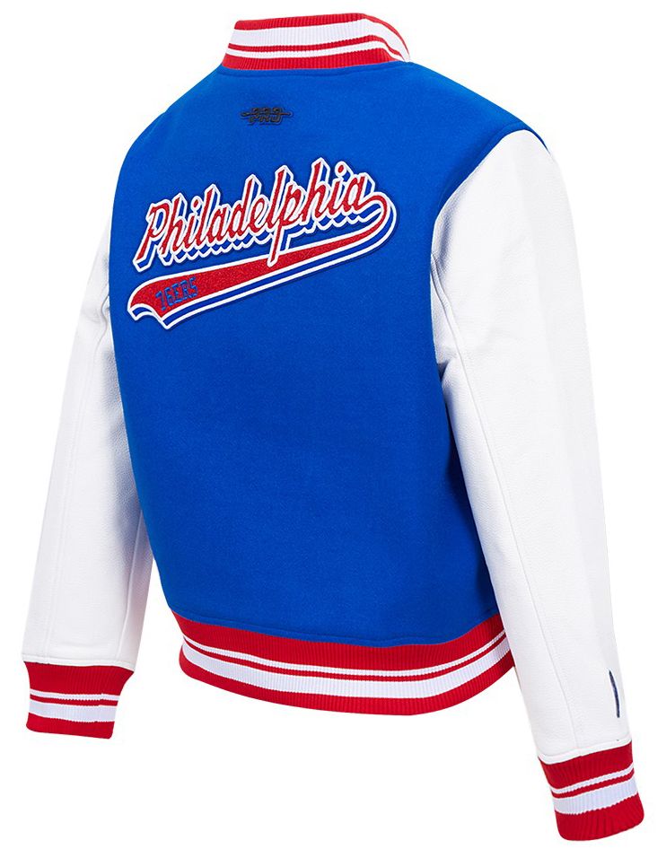 Pro Standard Women's Philadelphia 76ers Blue Script Tail Wool Varsity Jacket product image