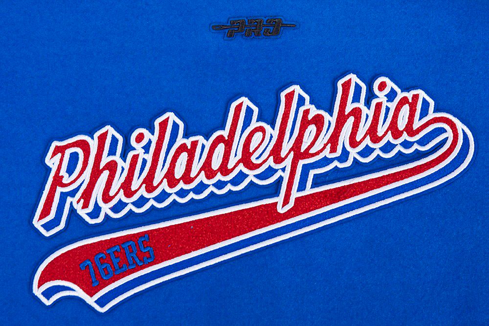 Pro Standard Women's Philadelphia 76ers Blue Script Tail Wool Varsity Jacket product image