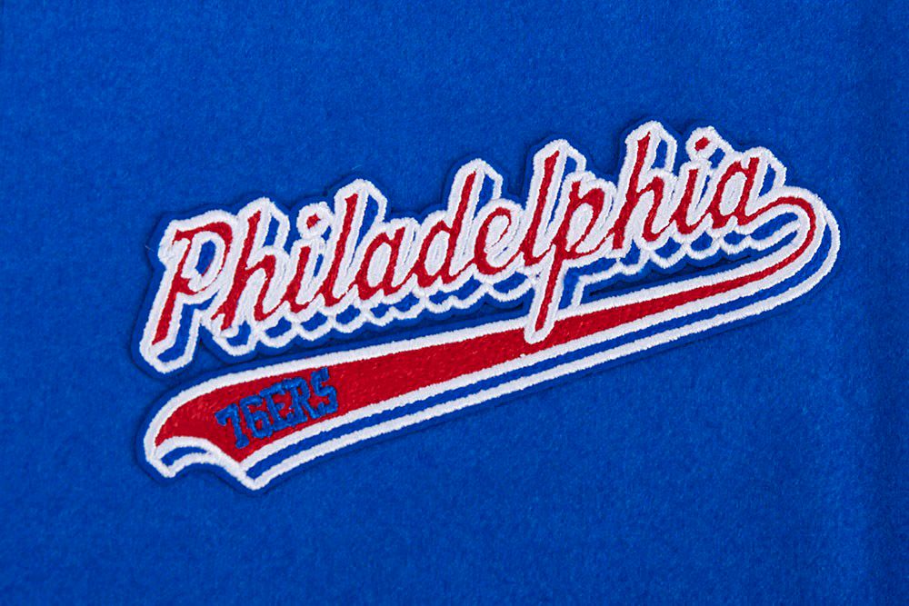 Pro Standard Women's Philadelphia 76ers Blue Script Tail Wool Varsity Jacket product image