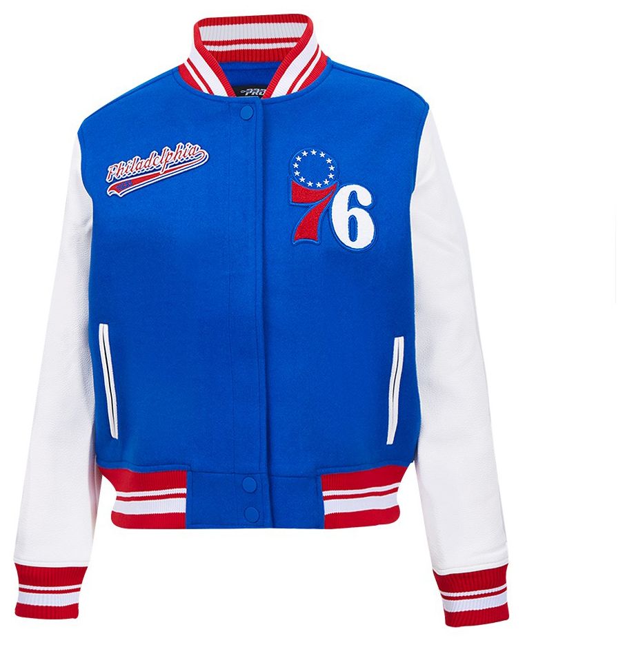 Pro Standard Women's Philadelphia 76ers Blue Script Tail Wool Varsity Jacket product image