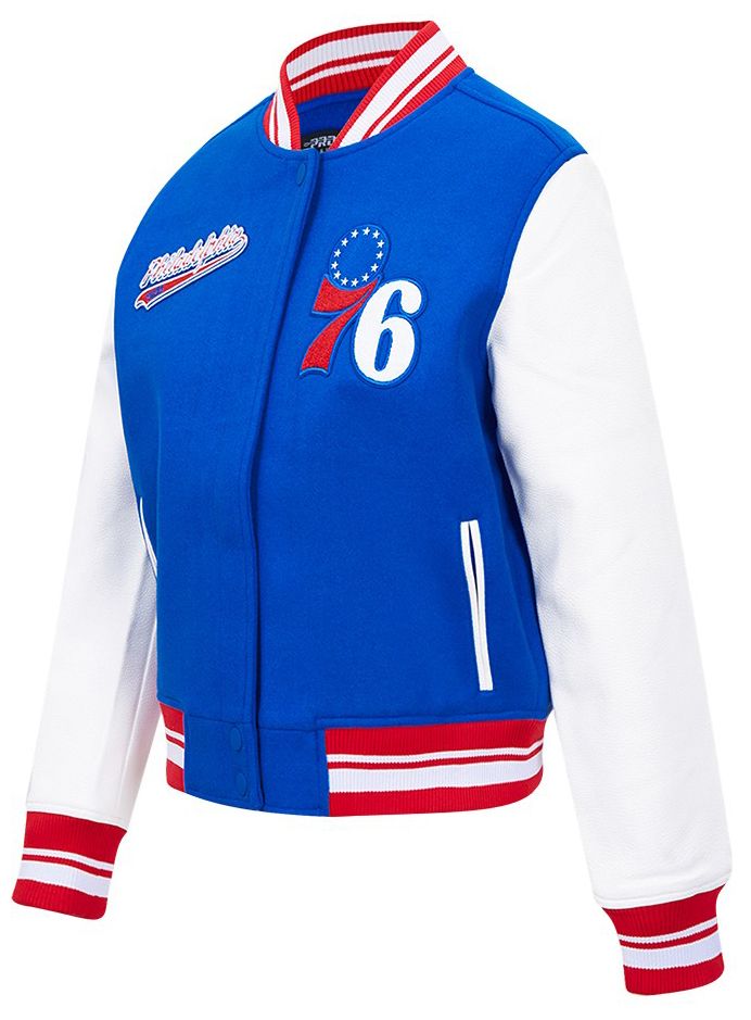 Pro Standard Women's Philadelphia 76ers Blue Script Tail Wool Varsity Jacket product image