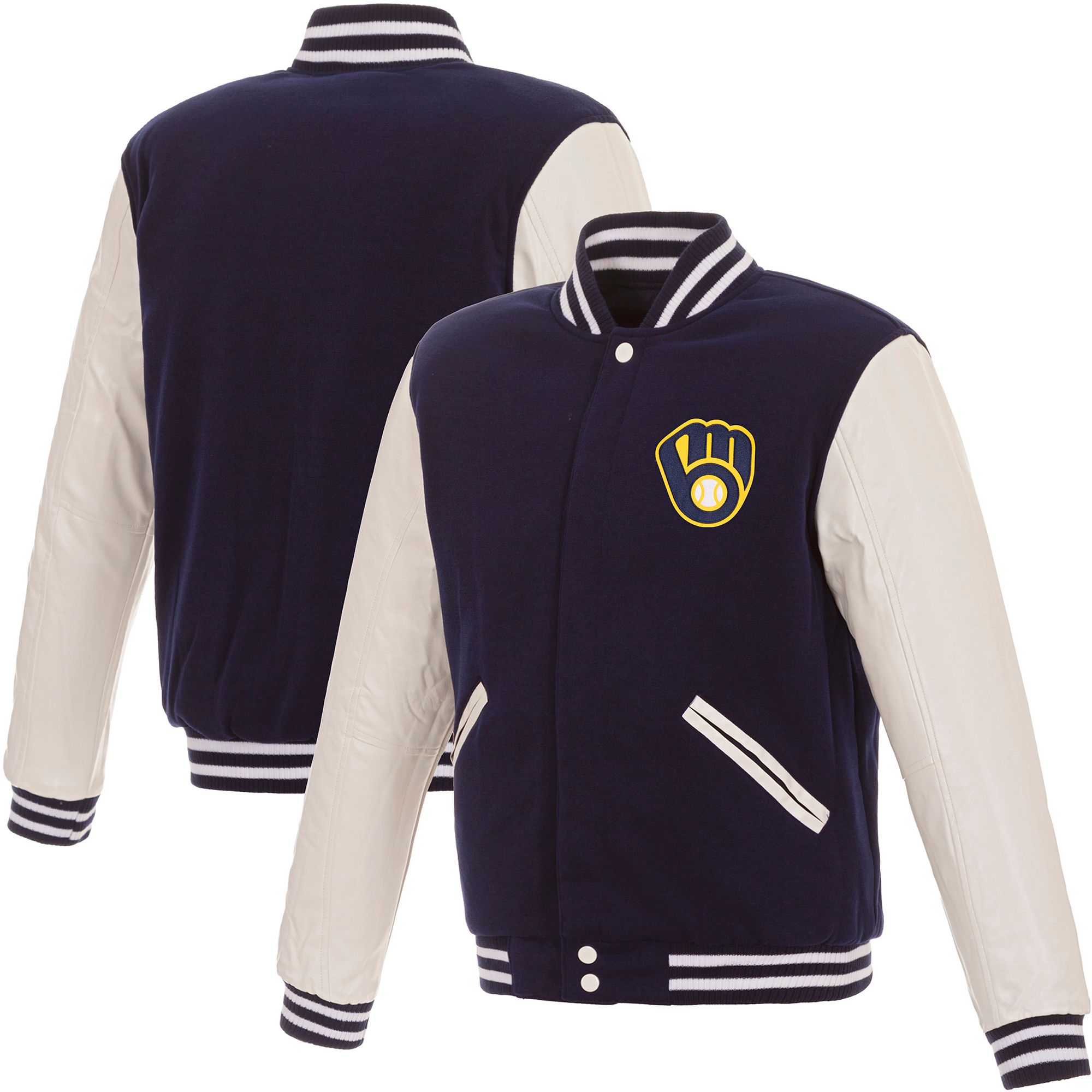 JH Design Men's Milwaukee Brewers Navy Reversible  Varsity Jacket product image