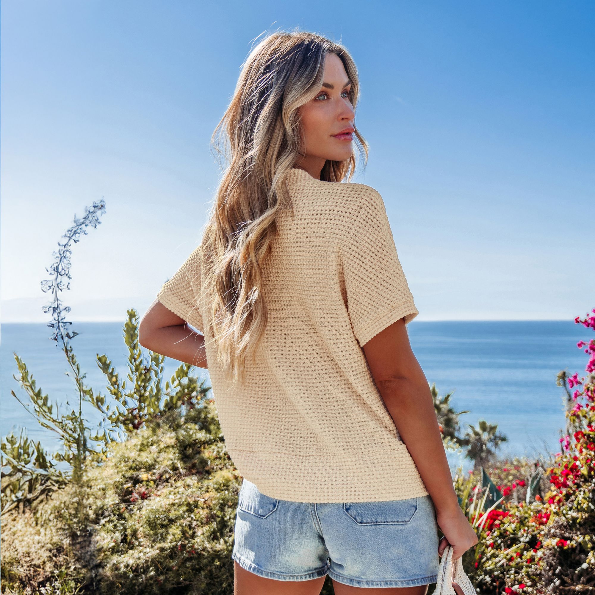 Cupshe Women's Waffle Knit Button-up Short Sleeve Top product image