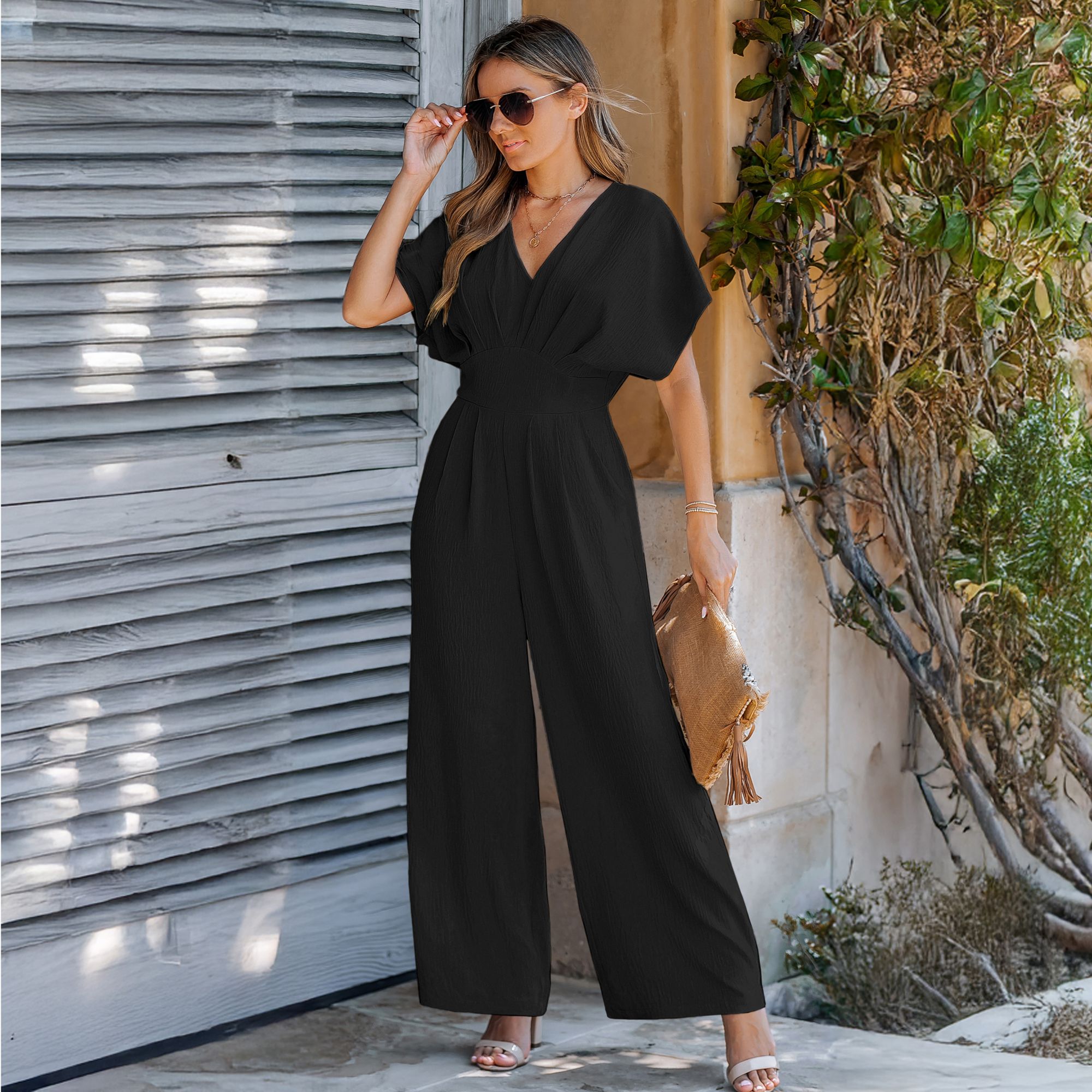 Cupshe Women's Crinkled Chiffon Surplice V-Neck Wide-leg Jumpsuit product image