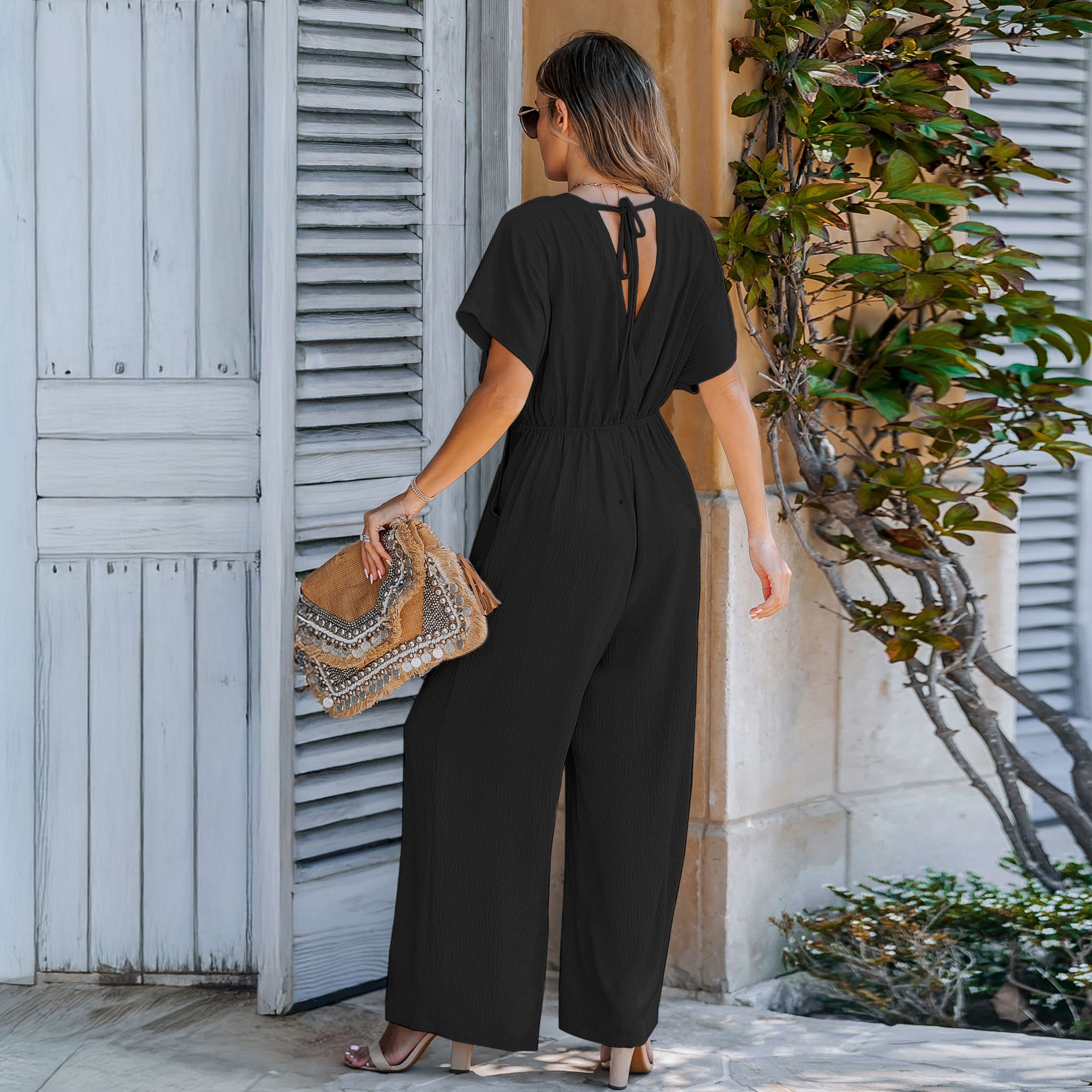 Cupshe Women's Crinkled Chiffon Surplice V-Neck Wide-leg Jumpsuit product image