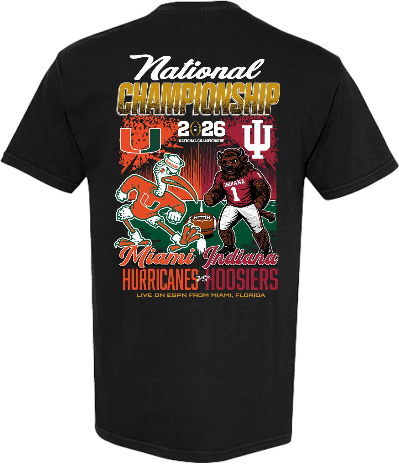 Something Inked Adult Indiana Hoosiers VS. Miami Hurricanes Dueling Mascot 2026 CFP National Championship Black T-Shirt product image
