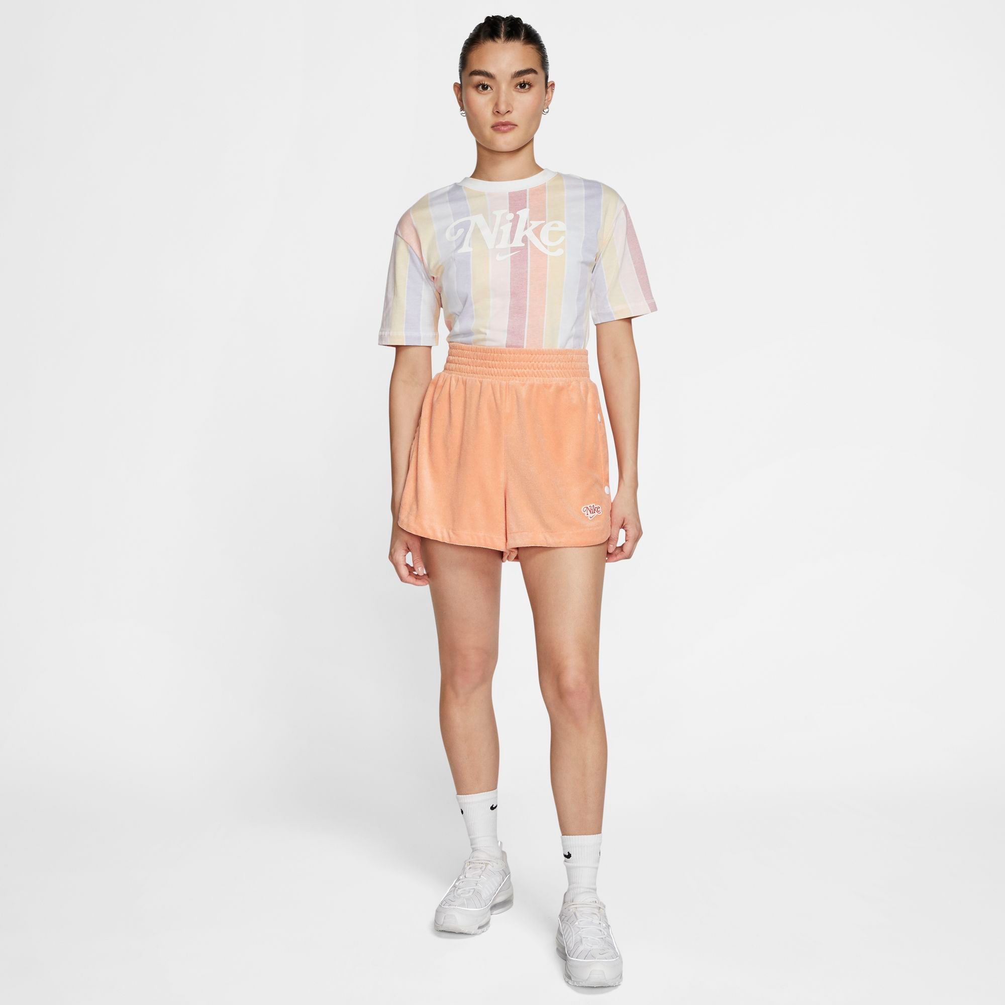 nike white crop top with striped sleeves