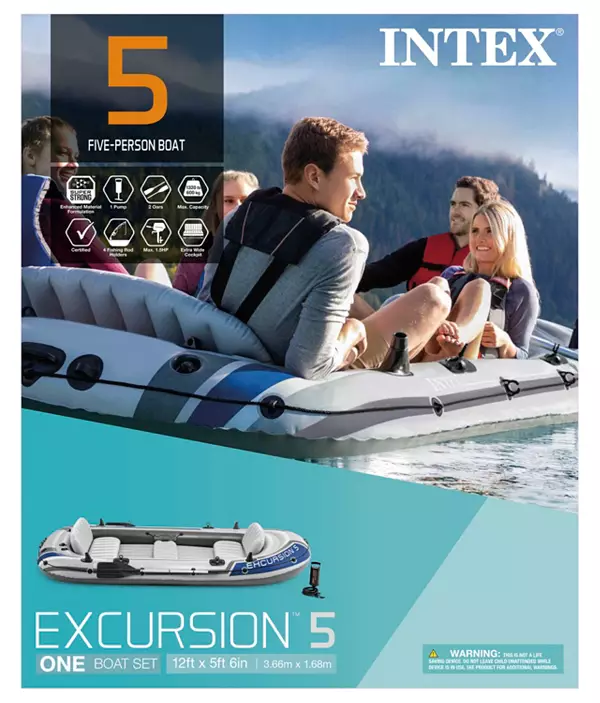 Intex inflatable boat 'Excursion 5' - 5 people - accessories included  Incusive 2 paddles, 3 inflatable seats (with backrest), hand pump & repair  patch