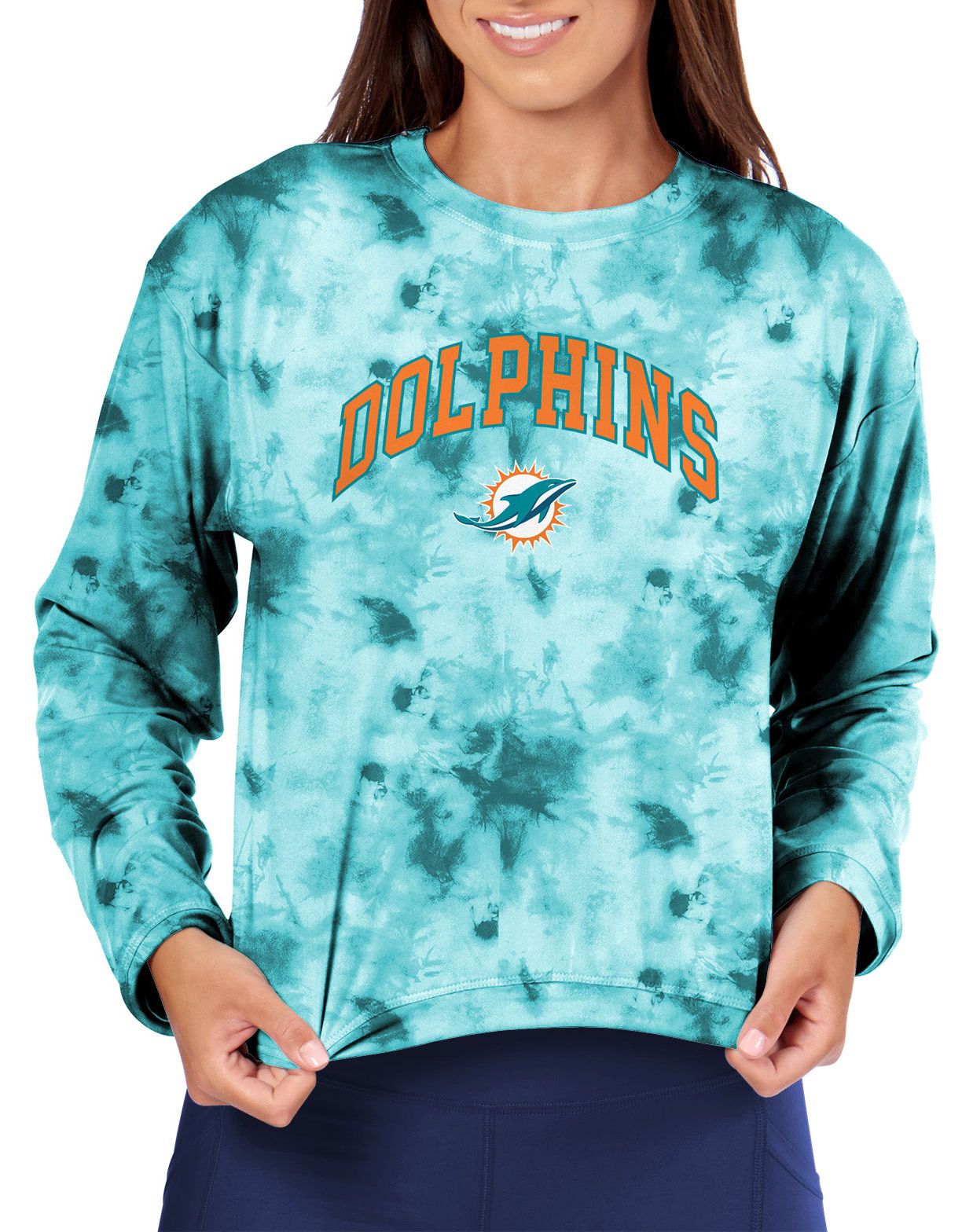 Certo Women's Miami Dolphins Blue Tie Dye Script Long Sleeve T-Shirt product image