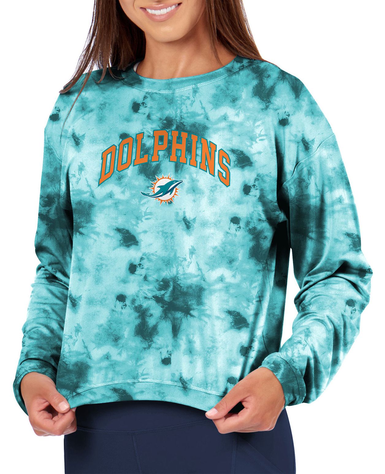 Certo Women's Miami Dolphins Blue Tie Dye Script Long Sleeve T-Shirt product image